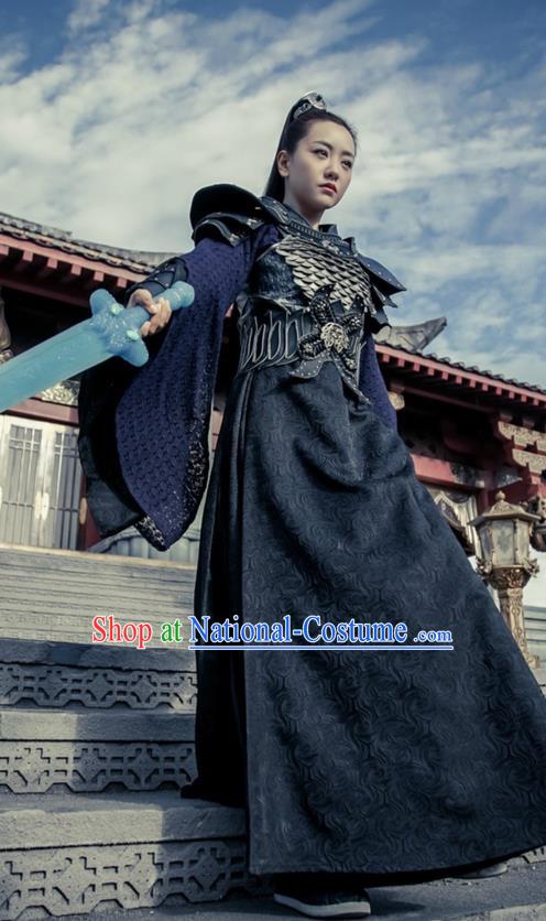 Traditional Ancient Chinese Han Dynasty Female General Clothing, Chinese Ancient Swordswoman Hanfu Costume and Headpiece Complete Set