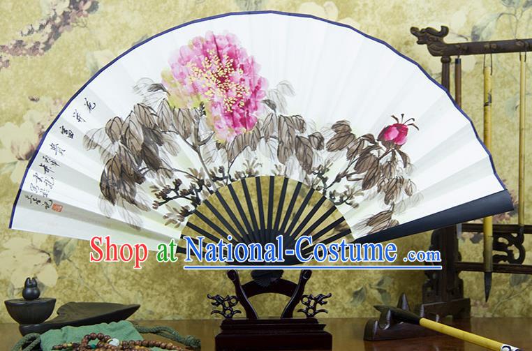 Traditional Chinese Handmade Crafts Ebonize Folding Fan, China Classical Art Paper Sensu Ink Painting Peony Xuan Paper Purple Fan Hanfu Fans for Men