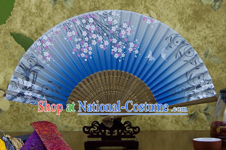 Traditional Chinese Handmade Crafts Hand Painting Butterfly Flowers Folding Fan, China Classical Blue Sensu Silk Fan Hanfu Fans for Women