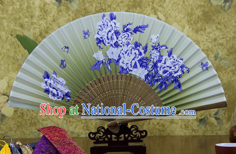 Traditional Chinese Handmade Crafts Hand Painting Butterfly Flowers Folding Fan, China Classical Green Sensu Silk Fan Hanfu Fans for Women