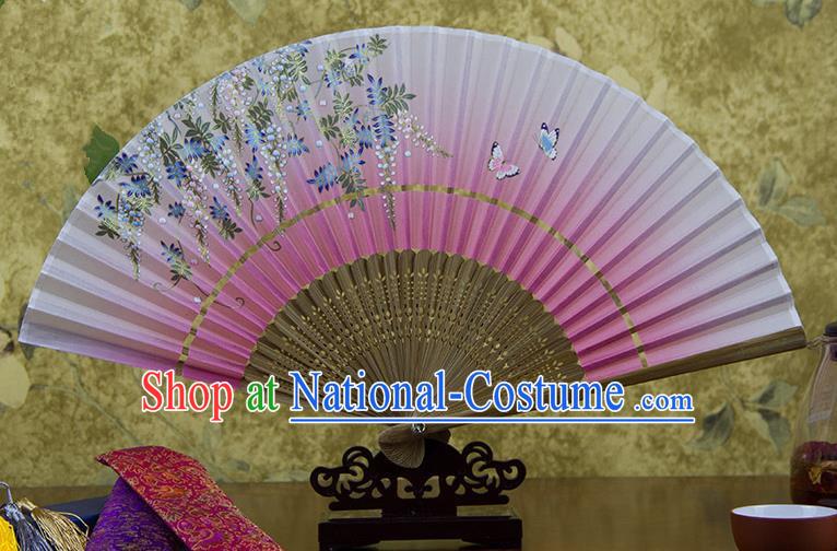 Traditional Chinese Handmade Crafts Hand Painting Butterfly Flowers Folding Fan, China Classical Pink Sensu Silk Fan Hanfu Fans for Women