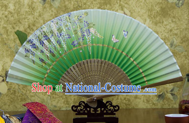 Traditional Chinese Handmade Crafts Hand Painting Butterfly Wisteria Flowers Folding Fan, China Classical Green Sensu Silk Fan Hanfu Fans for Women