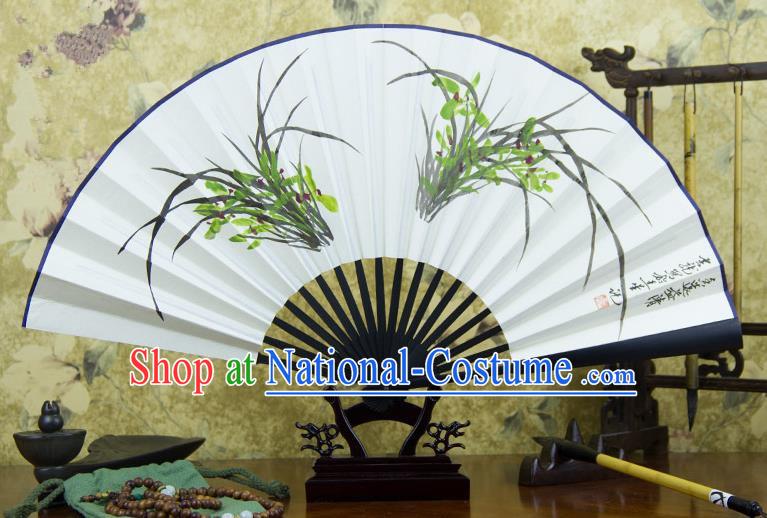 Traditional Chinese Handmade Crafts Ebonize Folding Fan, China Classical Art Paper Sensu Ink Painting Orchid Xuan Paper Purple Fan Hanfu Fans for Men