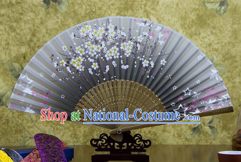 Traditional Chinese Handmade Crafts Hand Painting Flowers Folding Fan, China Classical Oriental Cherry Sensu Grey Silk Fan Hanfu Fans for Women