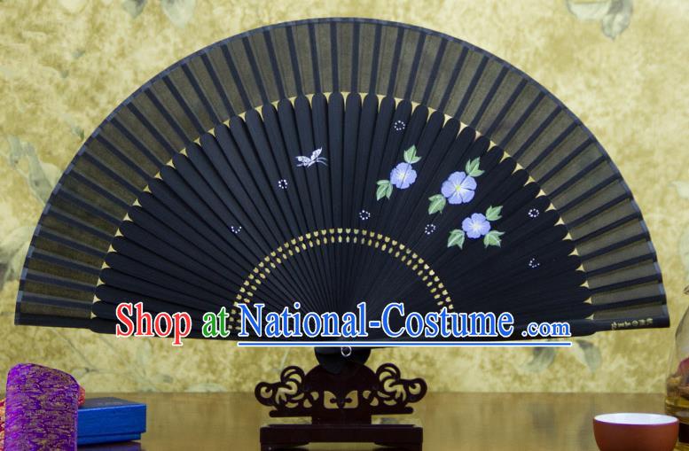 Traditional Chinese Handmade Crafts Hand Painting Flowers Folding Fan, China Classical Black Sensu Silk Fan Hanfu Fans for Women