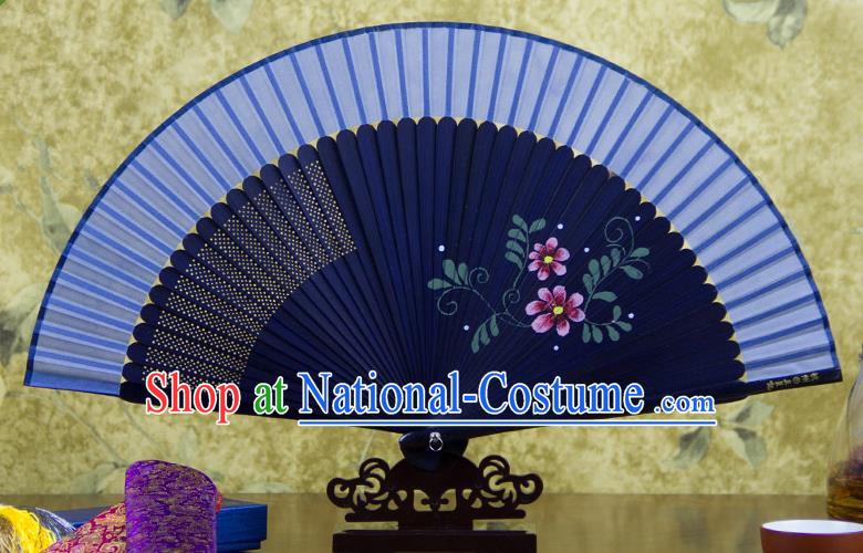 Traditional Chinese Handmade Crafts Hand Painting Flowers Folding Fan, China Classical Blue Sensu Silk Fan Hanfu Fans for Women