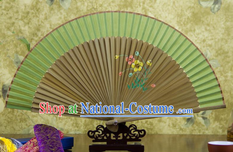 Traditional Chinese Handmade Crafts Hand Painting Flowers Folding Fan, China Classical Green Sensu Silk Fan Hanfu Fans for Women