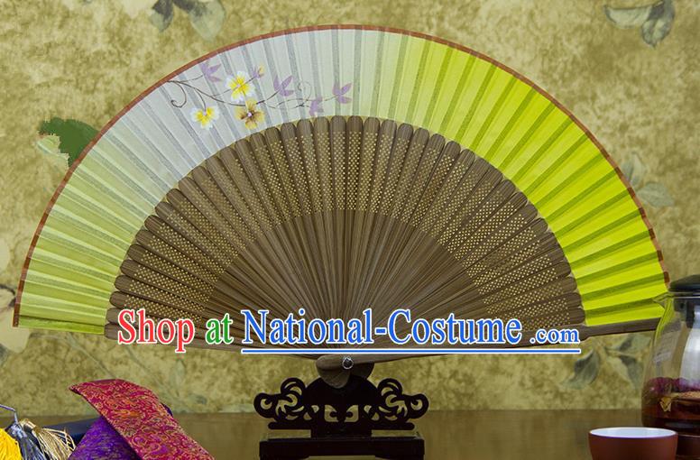 Traditional Chinese Handmade Crafts Hand Painting Flowers Folding Fan, China Classical Light Yellow Sensu Silk Fan Hanfu Fans for Women