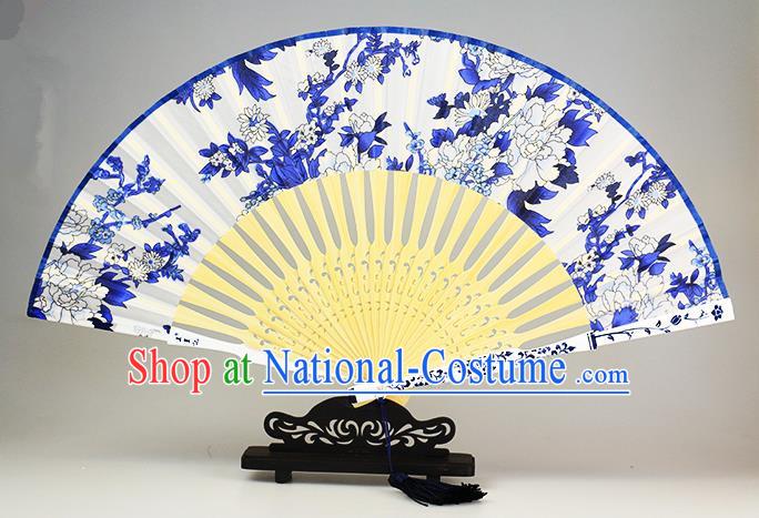 Traditional Chinese Handmade Crafts Blue and White Porcelain Folding Fan, China Classical Peony Sensu Silk Fan Hanfu Fans for Women