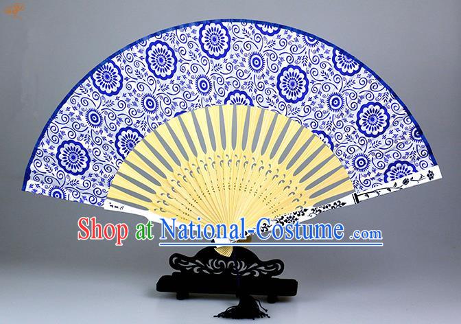 Traditional Chinese Handmade Crafts Blue and White Porcelain Folding Fan, China Classical Sensu Silk Fan Hanfu Fans for Women