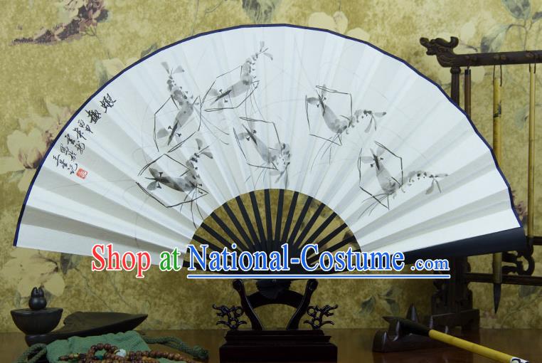 Traditional Chinese Handmade Crafts Ebonize Folding Fan, China Classical Art Paper Sensu Ink Painting Shrimp Xuan Paper Purple Fan Hanfu Fans for Men