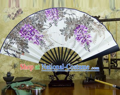 Traditional Chinese Handmade Crafts Ebonize Folding Fan, China Classical Art Paper Sensu Ink Painting Wisteria Xuan Paper Fan Hanfu Fans for Men