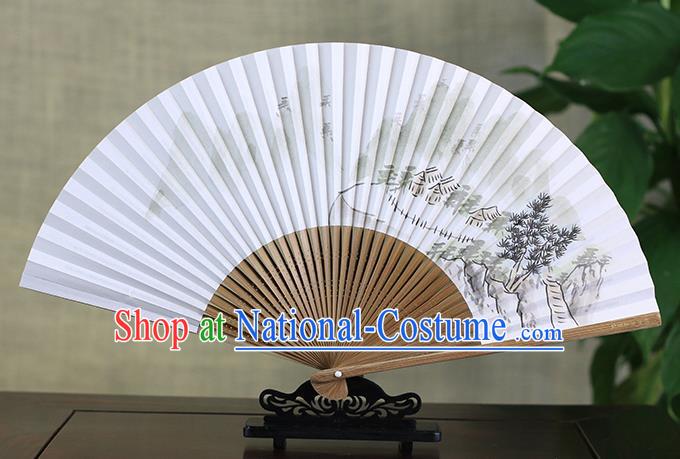 Traditional Chinese Handmade Crafts Ink Painting Scenery Folding Fan, China Classical Art Paper Sensu Xuan Paper Fan Hanfu Fans for Men