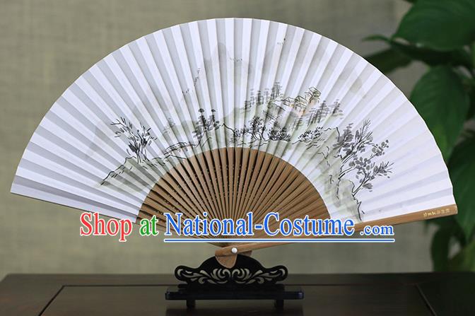 Traditional Chinese Handmade Crafts Ink Painting Mountains Scenery Folding Fan, China Classical Art Paper Sensu Xuan Paper Fan Hanfu Fans for Men