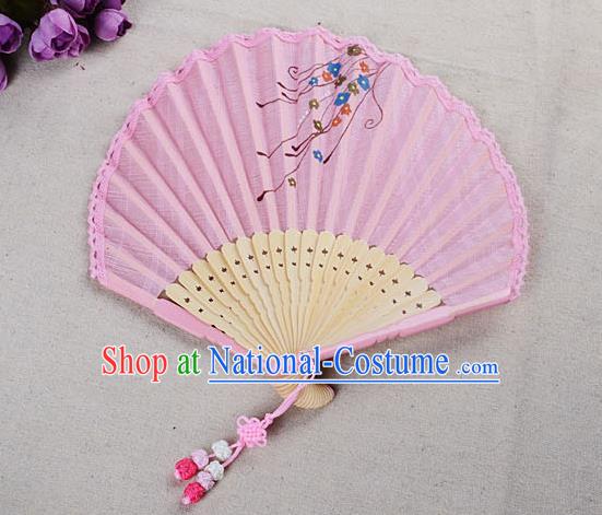 Traditional Chinese Handmade Crafts Hand Painting Flower Folding Fan, China Classical Linen Sensu Sunflower-type Pink Fan Hanfu Fans for Women