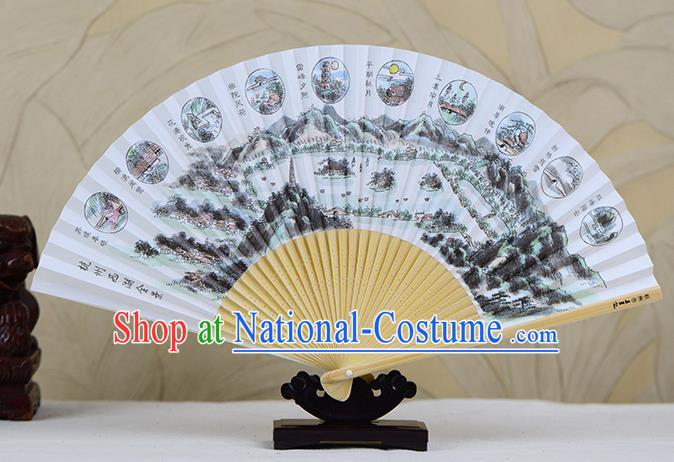 Traditional Chinese Handmade Crafts Ink Painting West Lake Scenery Folding Fan, China Classical Art Paper Sensu Xuan Paper Fan Hanfu Fans for Men