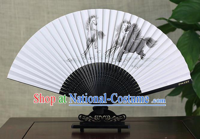 Traditional Chinese Handmade Crafts Ink Painting Horses Folding Fan, China Classical Art Paper Sensu Xuan Paper Fan Hanfu Fans for Men