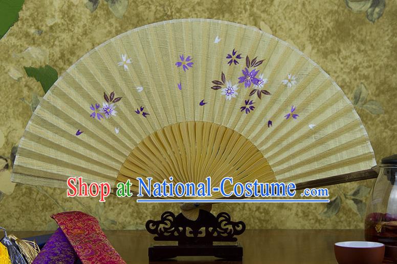 Traditional Chinese Handmade Crafts Printing Flower Folding Fan, China Classical Linen Sensu Yellow Fan Hanfu Fans for Women