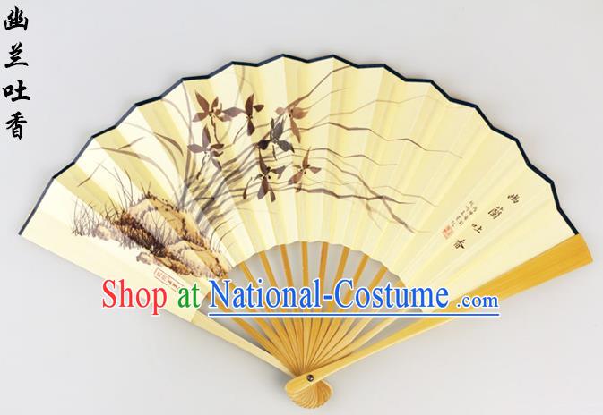 Traditional Chinese Handmade Crafts Pure Silk Folding Fan, China Classical Sensu Ink Painting Orchid Fan Hanfu Fans for Men