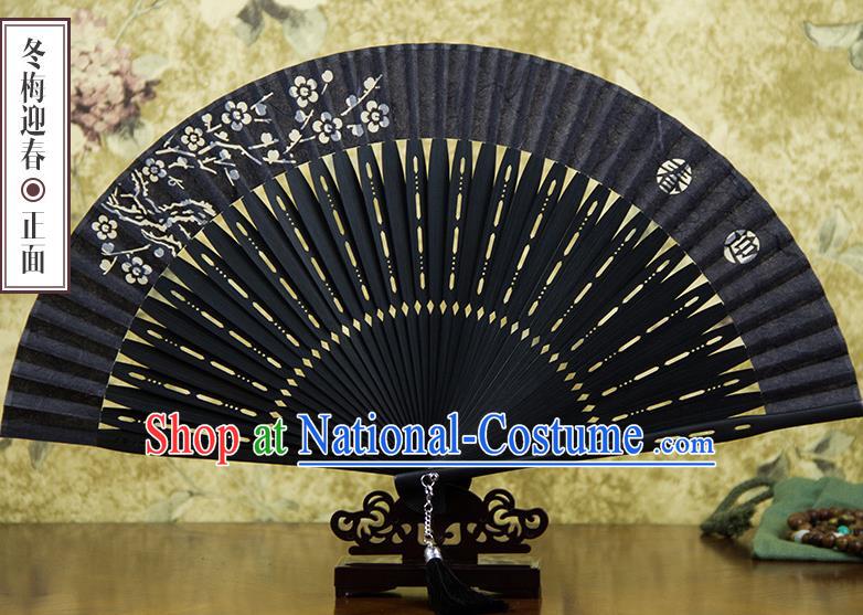 Traditional Chinese Handmade Crafts Silk Folding Fan, China Classical Sensu Printing Winter Plum Fan Hanfu Fans for Men