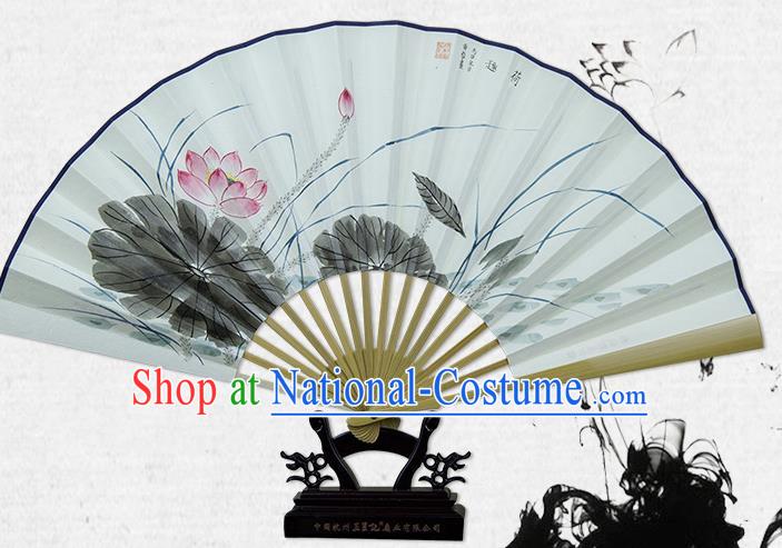 Traditional Chinese Handmade Crafts Xuan Paper Folding Fan, China Classical Art Paper Sensu Ink Painting Lotus Fan Hanfu Fans for Men