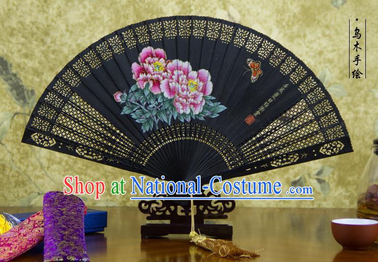 Traditional Chinese Handmade Crafts Ebomy Folding Fan, China Classical Hand Painting Peony Sensu Hollow Out Fan Hanfu Fans for Women