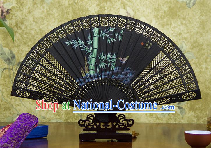 Traditional Chinese Handmade Crafts Ebomy Folding Fan, China Classical Hand Painting Bamboo Sensu Hollow Out Fan Hanfu Fans for Women