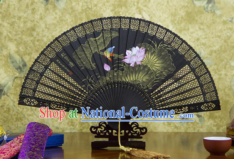 Traditional Chinese Handmade Crafts Ebomy Folding Fan, China Classical Hand Painting Lotus Bird Sensu Hollow Out Fan Hanfu Fans for Women