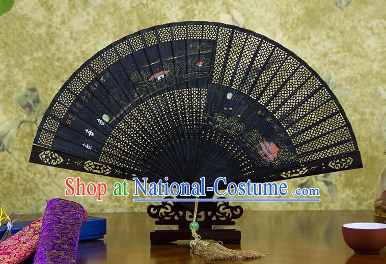 Traditional Chinese Handmade Crafts Ebomy Folding Fan, China Classical Hand Painting Scenery Sensu Hollow Out Fan Hanfu Fans for Women