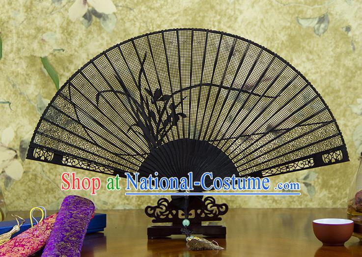 Traditional Chinese Handmade Crafts Ebomy Folding Fan, China Classical Sensu Hollow Out Orchid Fan Hanfu Fans for Women