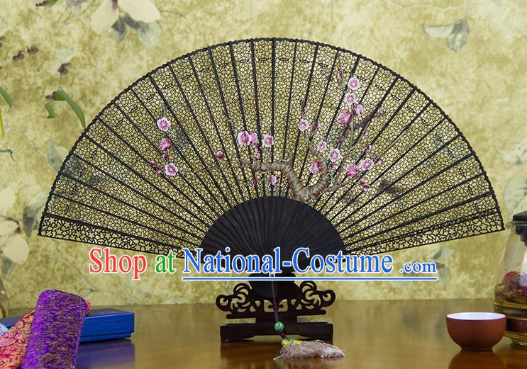 Traditional Chinese Handmade Crafts Ebomy Folding Fan, China Classical Sensu Hollow Out Plum Blossom Fan Hanfu Fans for Women