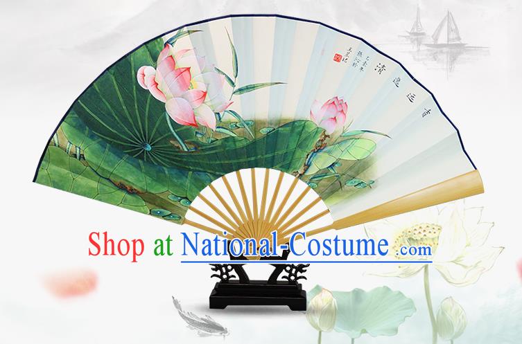 Traditional Chinese Handmade Crafts Water Jade Bone Folding Fan, China Classical Art Paper Hand Painting Lotus Sensu Xuan Paper Fan Hanfu Fans for Men