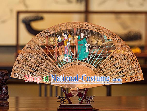 Traditional Chinese Handmade Crafts Hand Painting Romance of the Western Chamber Folding Fan, China Classical Sensu Hollow Out Red Sandal Wood Fan Hanfu Fans for Women