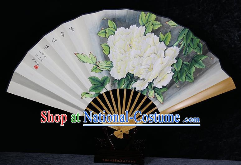 Traditional Chinese Handmade Crafts Water Jade Bone Folding Fan, China Classical Art Paper Hand Painting Peony Sensu Xuan Paper Fan Hanfu Fans for Men