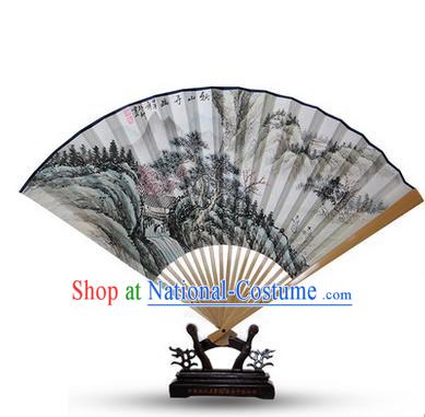 Traditional Chinese Handmade Crafts Water Jade Bone Folding Fan, China Classical Art Paper Hand Painting Landscape Scenery Sensu Xuan Paper Fan Hanfu Fans for Men