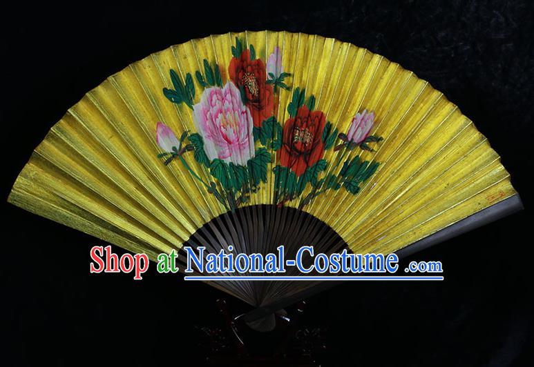 Traditional Chinese Handmade Crafts Llluminated Surface Folding Fan, China Classical Art Paper Hand Painting Peony Sensu Xuan Paper Fan Hanfu Fans for Men