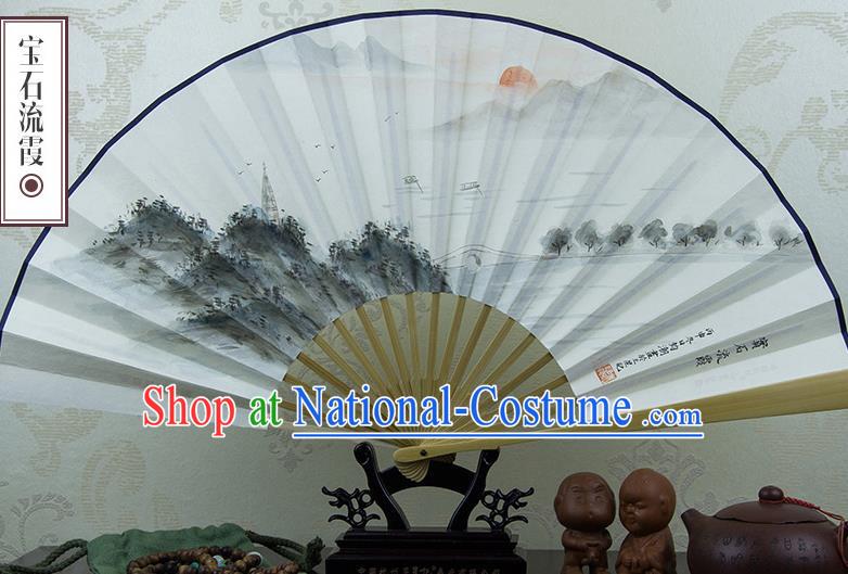 Traditional Chinese Handmade Crafts Xuan Paper Folding Fan, China Classical Art Paper Sensu Ink Painting West Lake Sunset Glow Fan Hanfu Fans for Men