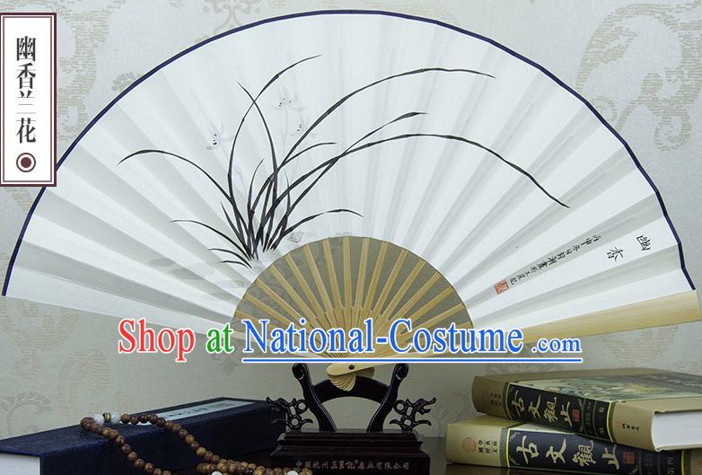 Traditional Chinese Handmade Crafts Xuan Paper Folding Fan, China Classical Art Paper Sensu Ink Painting Orchid Fan Hanfu Fans for Men