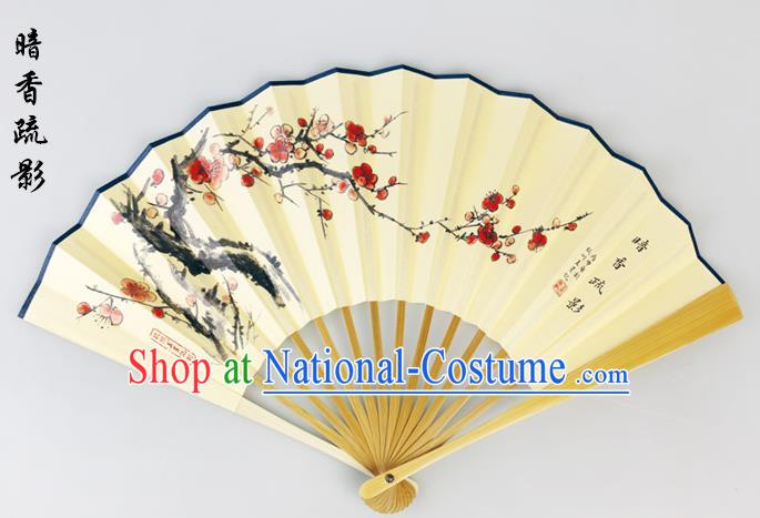 Traditional Chinese Handmade Crafts Pure Silk Folding Fan, China Classical Sensu Ink Painting Wintersweet Fan Hanfu Fans for Men