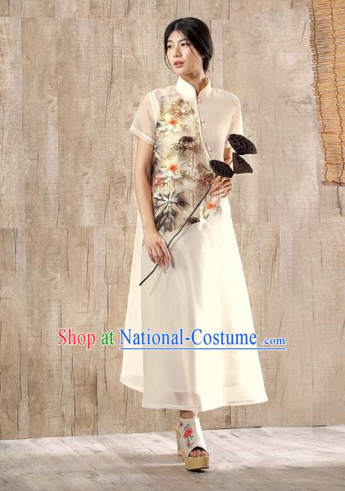 Traditional Chinese Costume Elegant Hanfu Printing Lotus Silk Dress, China Tang Suit Plated Buttons Cheongsam Beige Qipao Dress Clothing for Women