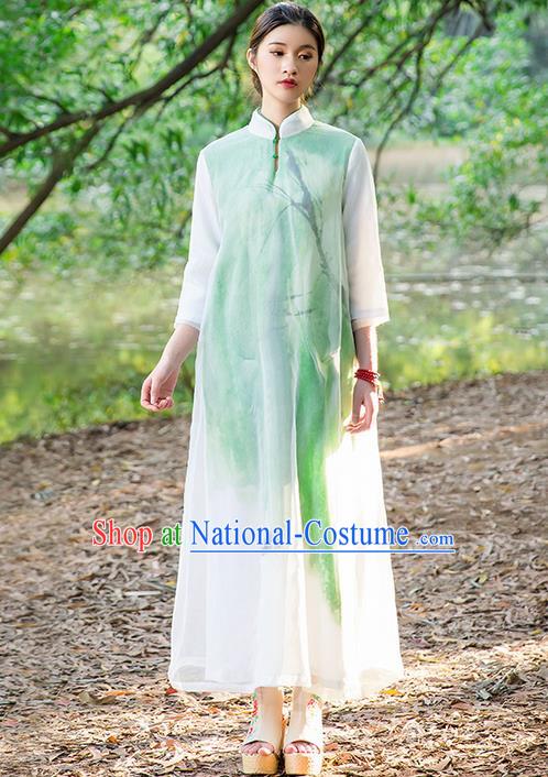 Traditional Chinese Costume Elegant Hanfu Printing Silk Dress, China Tang Suit Plated Buttons Cheongsam Green Qipao Dress Clothing for Women