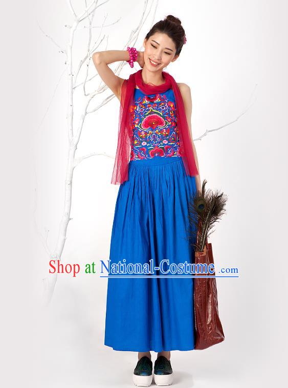 Traditional Chinese Costume Elegant Hanfu Embroidered Flowers Slip Dress, China Tang Suit Blue Camisole Dress Clothing for Women