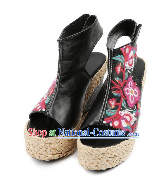 Traditional Chinese Shoes Wedding Shoes Embroidered Shoes Black Slipsole Shoes Hanfu Sheepskin Shoes for Women
