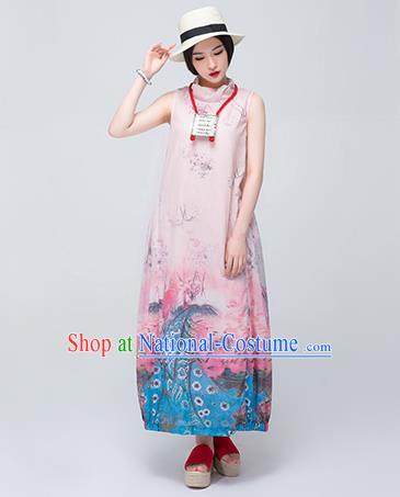 Traditional Chinese Costume Elegant Hanfu Printing Linen Dress, China Tang Suit Cheongsam Qipao Pink Dress Clothing for Women