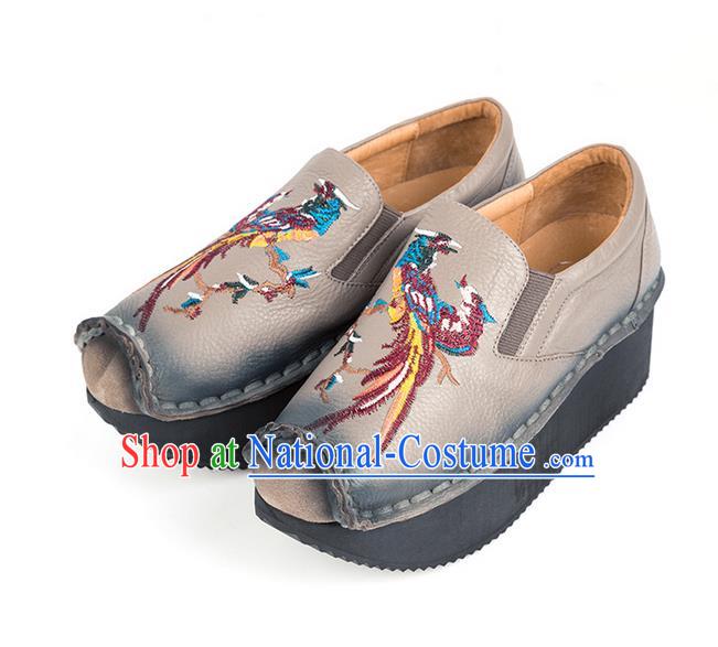 Traditional Chinese Shoes Embroidered Shoes Black Cow Leather Slipsole Shoes Hanfu Grey Shoes for Women