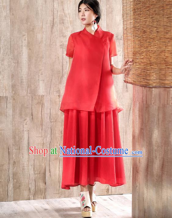 Traditional Chinese Costume Elegant Hanfu Silk Blouse and Dress, China Tang Suit Cheongsam Red Qipao Dress Clothing for Women