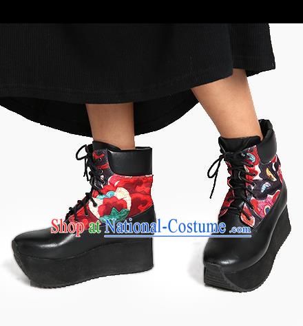 Traditional Chinese Shoes Embroidered Shoes Black Cow Leather Flange Boots Hanfu Shoes for Women