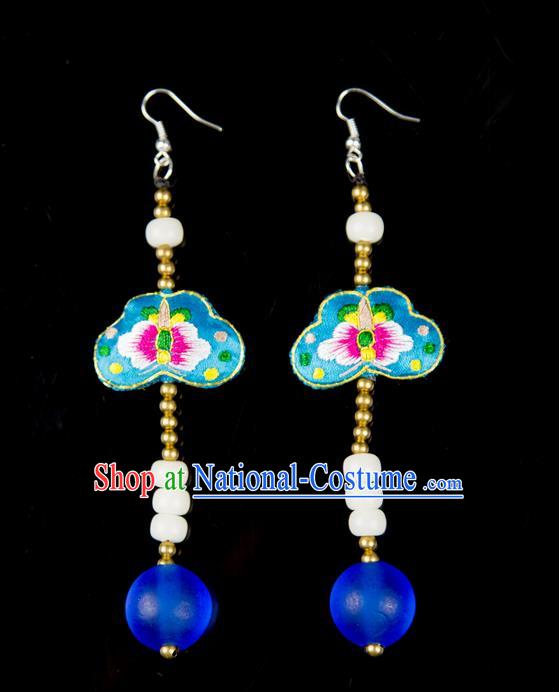 Traditional Chinese Accessories National Embroidery Earrings, China Beads Tassel Blue Eardrop for Women