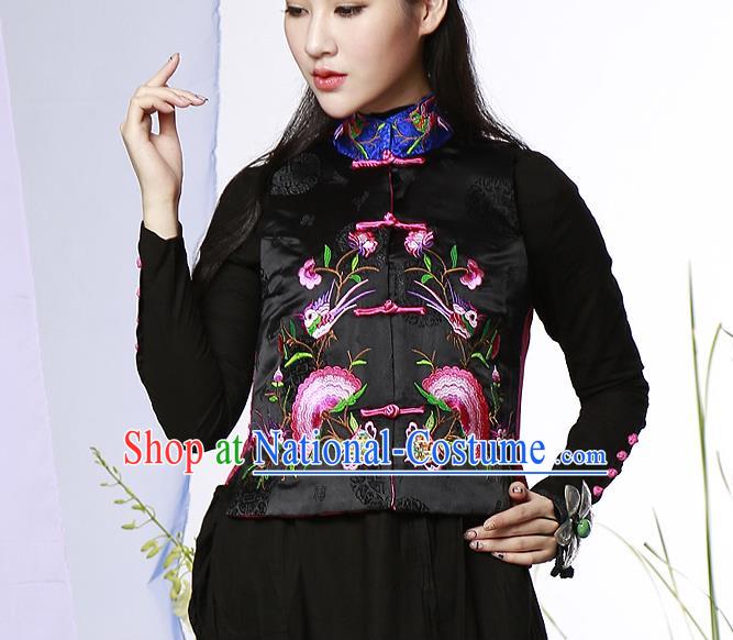 Traditional Ancient Chinese National Costume, Elegant Hanfu Embroidered Shirt, China Tang Suit Blouse Black Plated Buttons Vest for Women