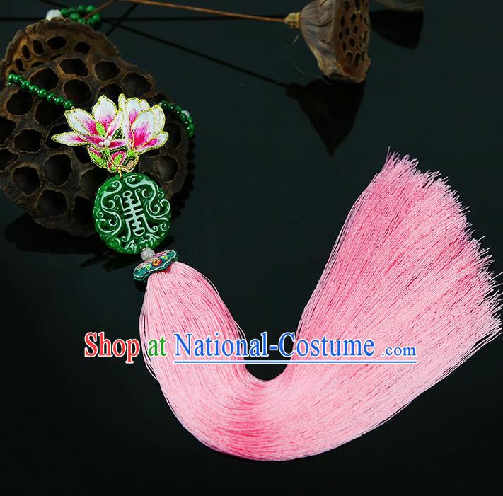 Traditional Chinese Accessories National Necklace, China Miao Sliver Tassel Jadeite Jade Necklet for Women